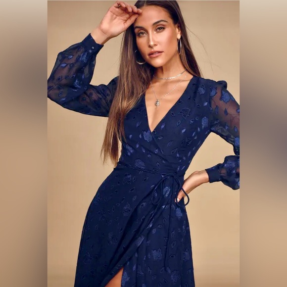 Lulu’s Evening of Elegance Navy Blue Floral Jacquard Burnout Wrap Midi Dress - Picture 10 of 12